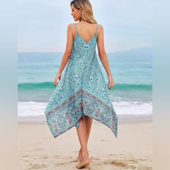 Chigant Sundress Midi Vacation Dress Floral Print Blue Color Size M Brand New - Picture 5 of 10